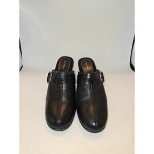 Merona‎ Women's Mules Heels Black Leather Slip On Strap Buckle 11